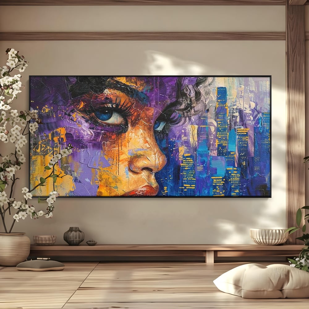Tablou canvas cu pictura digitala cu profil de femeie, in rama de aluminiu negru